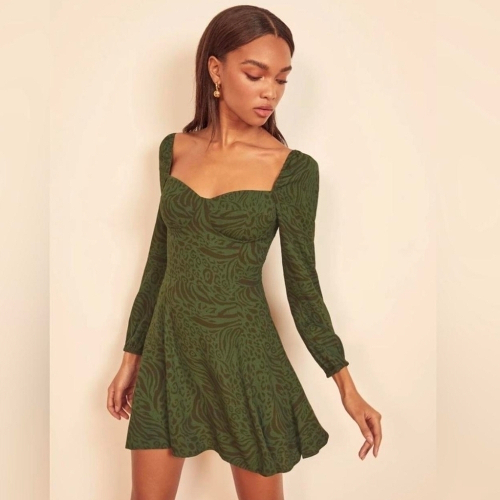 Reformation Mochi Jungle Animal Print Green Dress Size 0